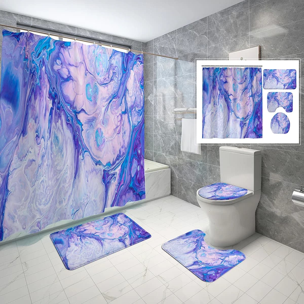 Set di tende da doccia marmorizzate Tono sfumato Immagine marmorizzata 4 pezzi Tenda da doccia Bagno Tappetino da bagno antiscivolo Copriwater
