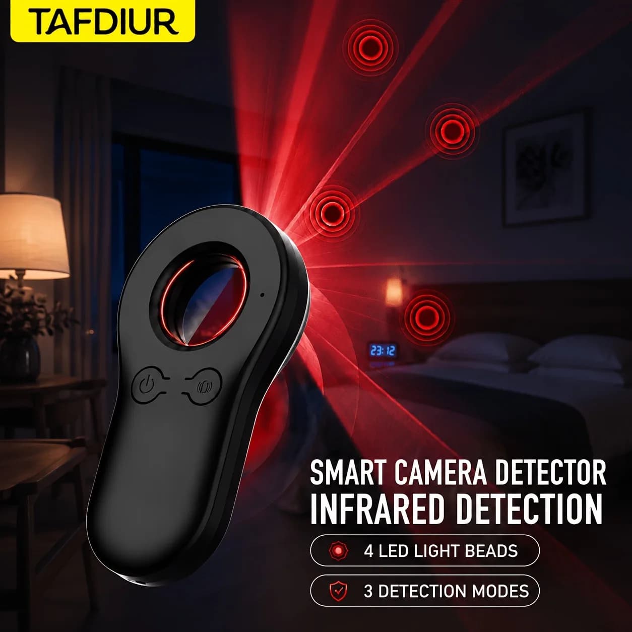 Tafdiur 1-Piece Abs Material Black/White Mini Handheld Multifunctional Hidden Camera Detector, Infrared Physical Detection, Portable and Rechargeable, with Door and Window Vibration Sensor Alarm Function, with Hook for