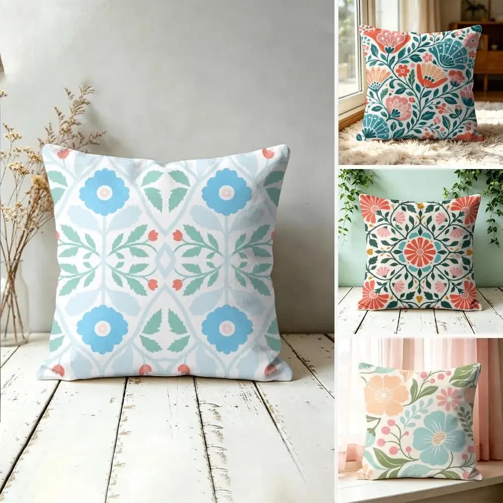 Orange Blue Floral Pillow Case Double-Sided Plush Sofa Cushion Covers Organic Breathable Invisible Zipper