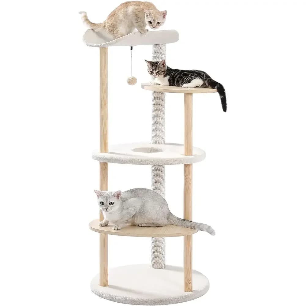 5-Level Beige Indoor Cat Tree Tower with Sisal Scratching Posts