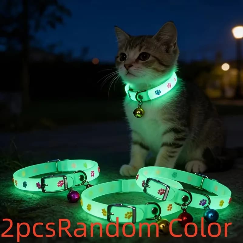 2Pcs Pet Collars with Bell, Fluorescent Luminous Anti-Lost Dog & Cat Neck Collar for Night Walking, Random Color