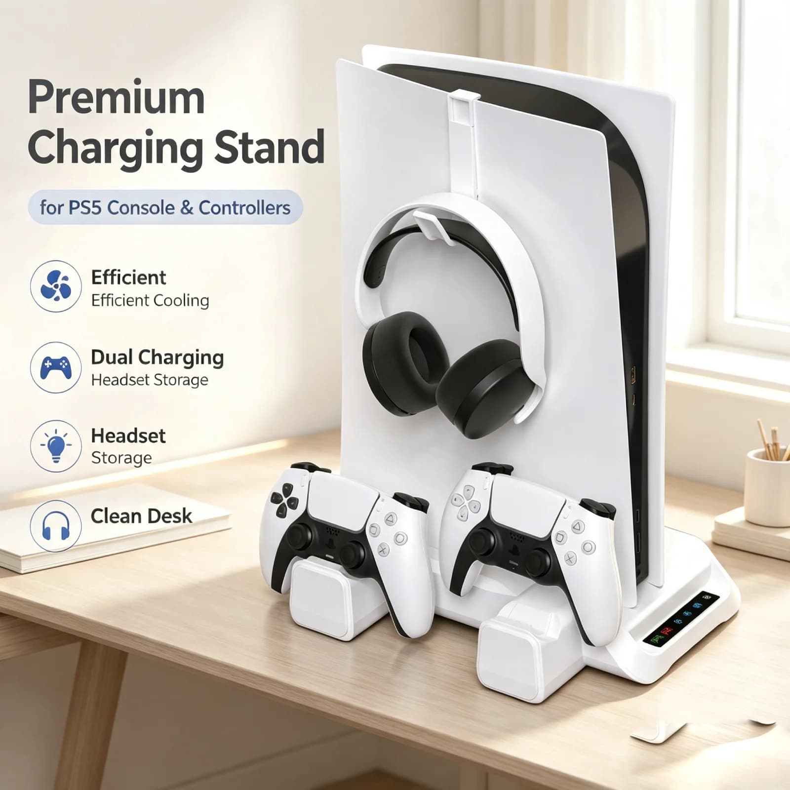 PS5 Pro Slim Console Cooling Stand Charging Station with Dual Controller Dock Storage Organizer Accessories