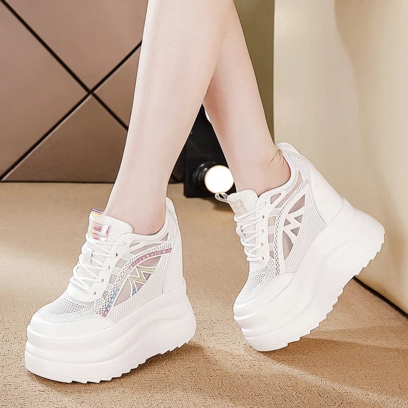 Sneakers da Donna con Rialzo di 13cm, Primaverili ed Estive, con Suola Spessa, Bianche, Casual, Sportive, Traspiranti in Mesh
