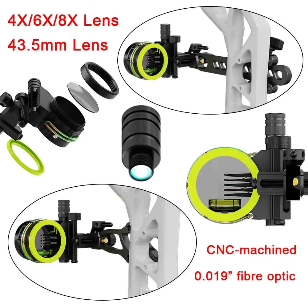 Mirino per Arco a 5 Pin con Lente 4x/6x/8x per Tiro con l'Arco Compound, Fibra Ottica 0.019'' in Lega CNC, Regolabile per Mancini/Destri, per Tiro al Bersaglio