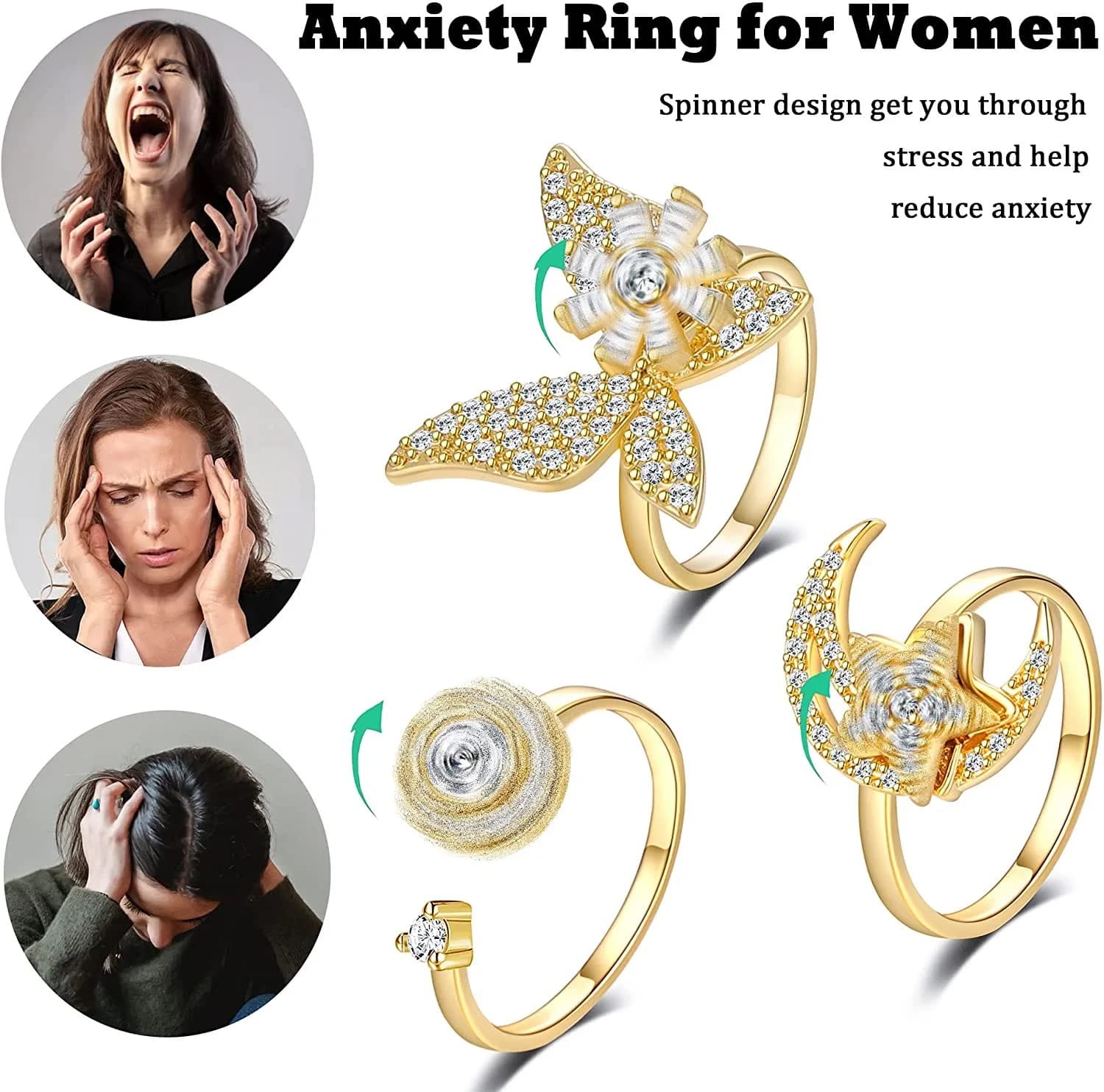 SMJEL Anello Girevole con Strass Luccicanti a Forma di Fiore per Donne, Accessorio Anti-Ansia e Anti-Stress con Design a Farfalla e Animale