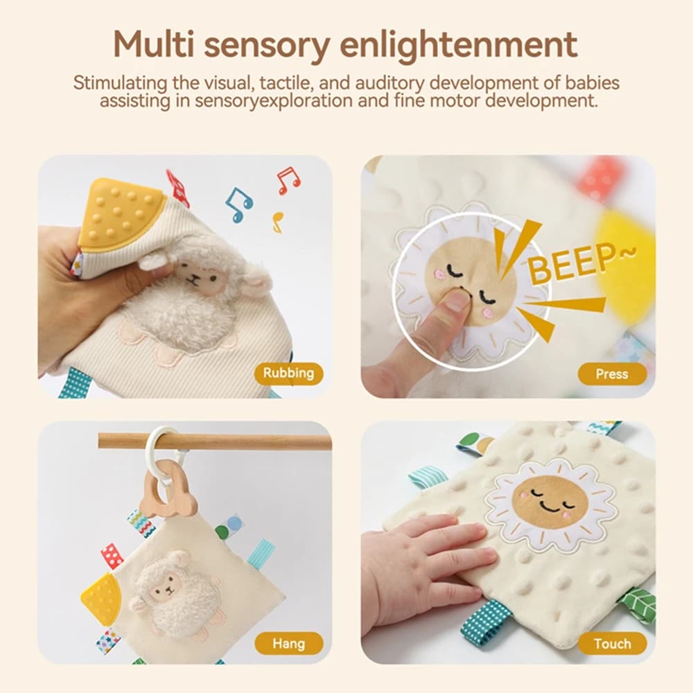 Baby Sensory Toy Plush Cartoon Lamb Comfort Blanket Portable Hanging Toy for Newborns to Grab Educational Early Learning Toys
