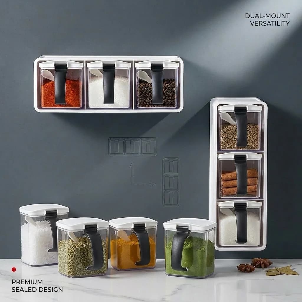 Set di barattoli di spezie a tre scomparti da 390 ml con supporto a parete con cucchiaio Contenitori per barattoli di condimento Scatola di spezie per sale, zucchero, pepe