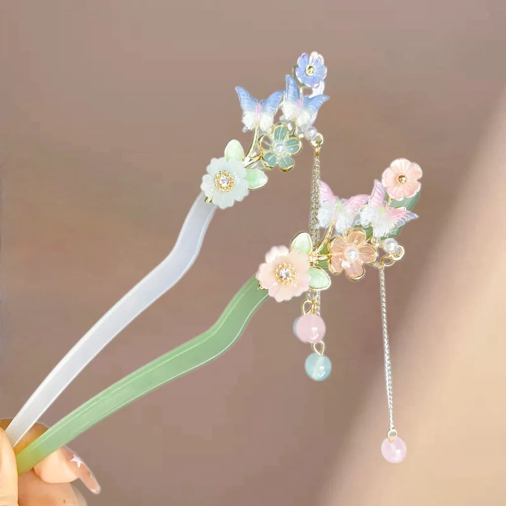Fermaglio per capelli in stile cinese con fiore, lusso leggero, nappa floreale con perle, forcina per capelli, accessorio gioiello per acconciature da ragazza