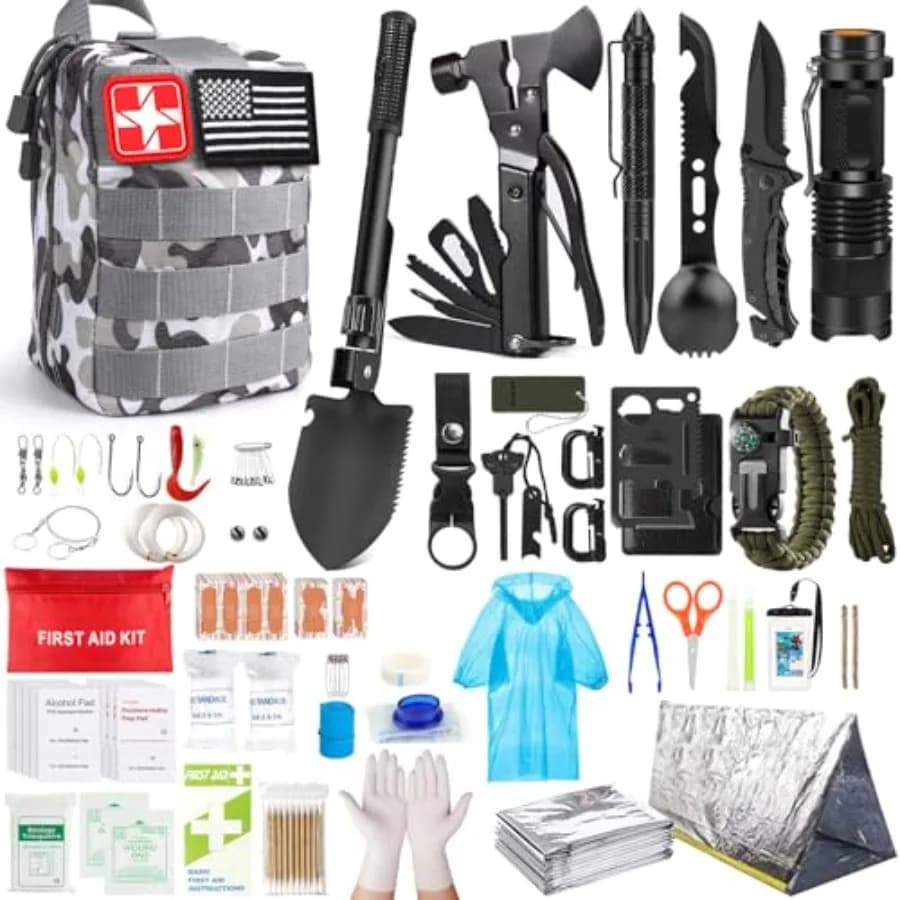 Kit di Sopravvivenza, 251 Pezzi di Attrezzatura per la Sopravvivenza, Kit di Pronto Soccorso con Borsa Compatibile con Sistema Molle e Tenda d'Emergenza, Kit di Emergenza per Terremoti