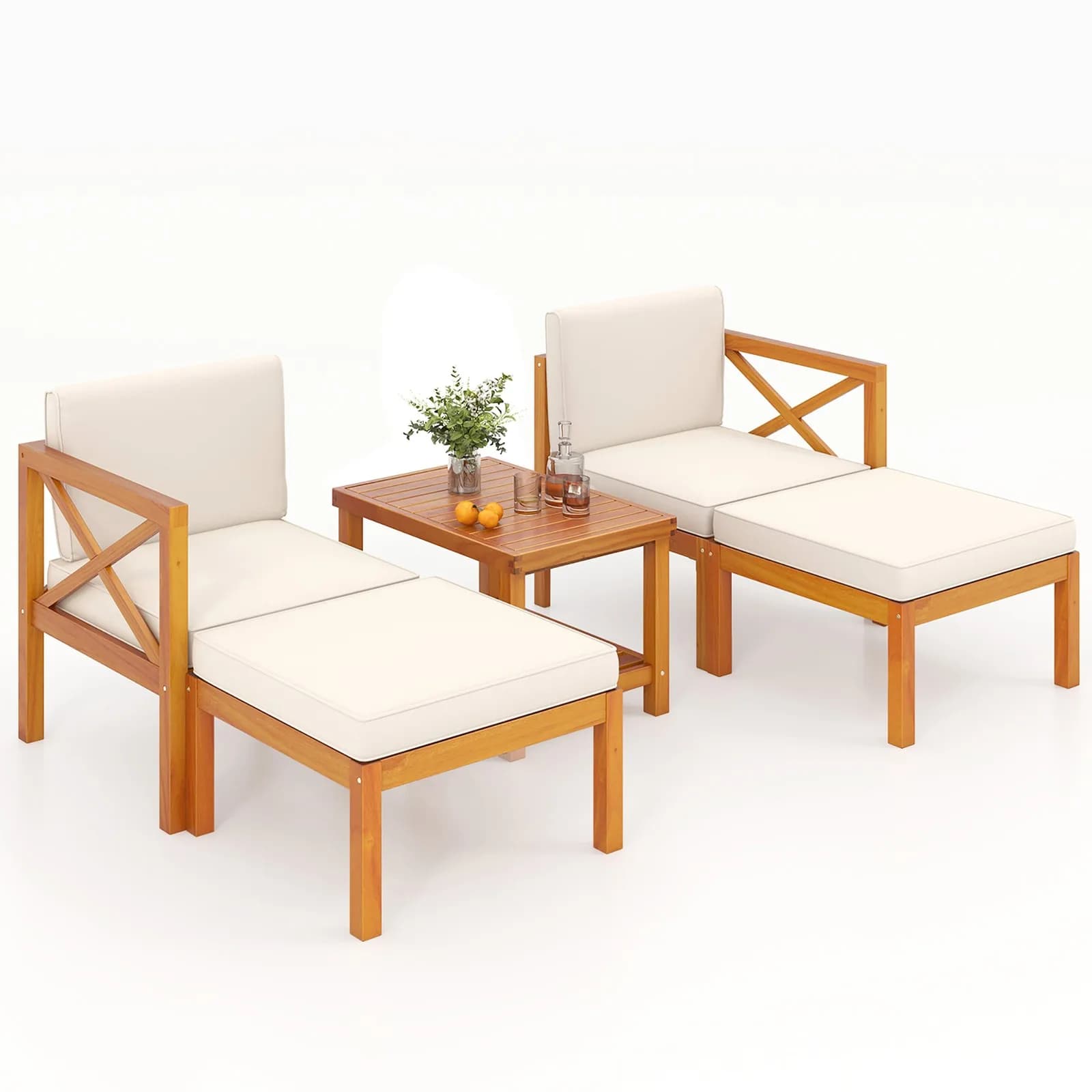 Set of 5 acacia wooden patio deck chairs with table cushions at 2 levels