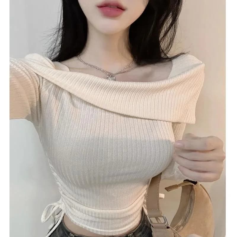 Sexy Long Sleeve T-Shirt Drawstring Bony Shoulder Women's Flavor Le527 Commute Style Slim Fit Pure Color Winter Fashion for 3...