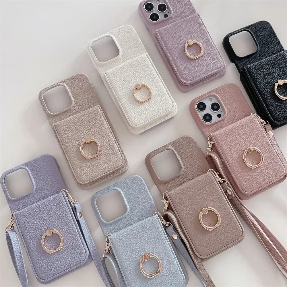 Custodia in pelle tascabile con Flip Card per specchio per il trucco per Iphone 14 Pro Max 11 12 13 15 custodia per anello da dito simpatiche custodie per cordini a tracolla