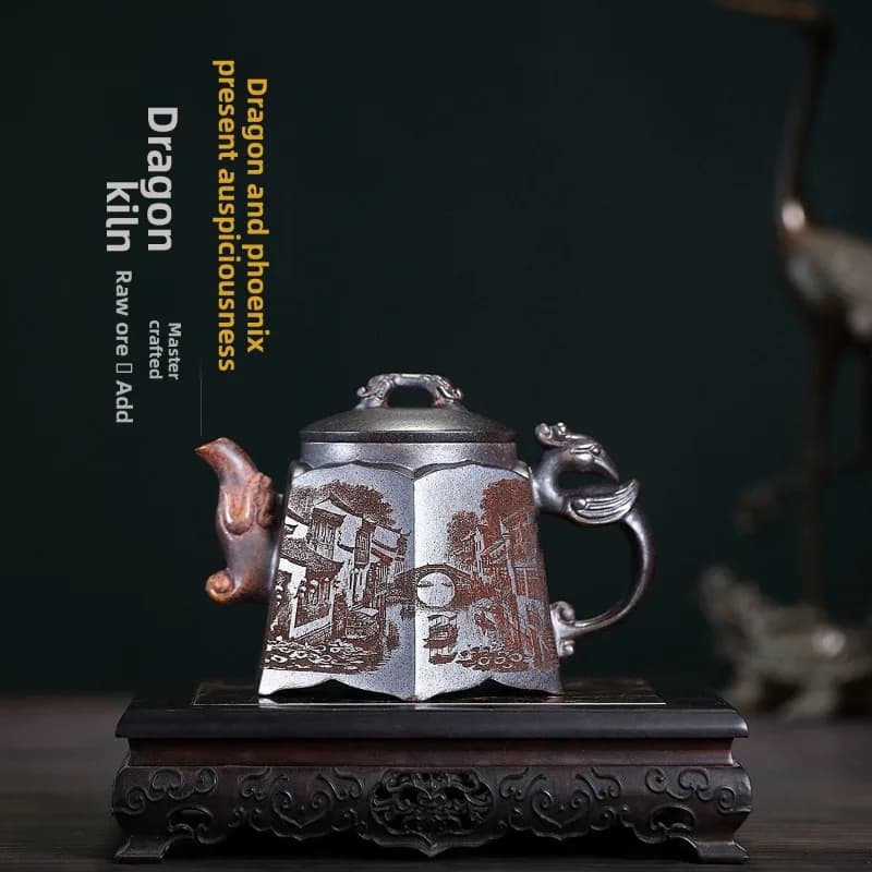 Ceramic Dragon Phoenix Chengxiang Teapot Hand Carved Calligraphy and Painting Yixing Purple Clay Teapot Chime Bell Tea Set Gift