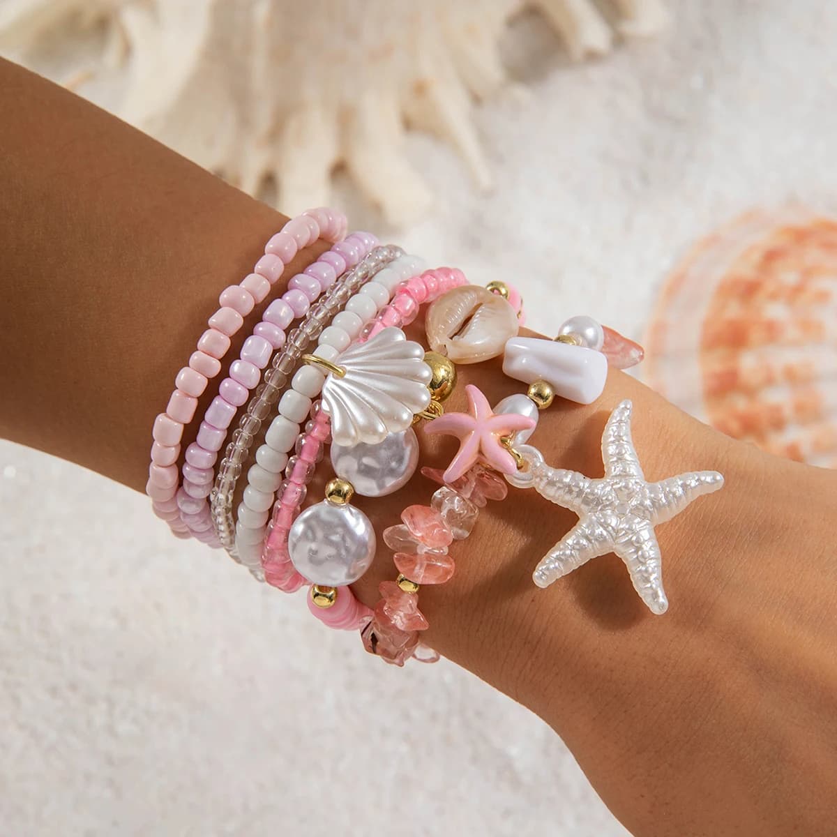 Tocona Bohemian Resort Style Shell Beaded Weaving Bracelet Beach Style Starfish Rice Beads Seven Piece Set for Women 25134