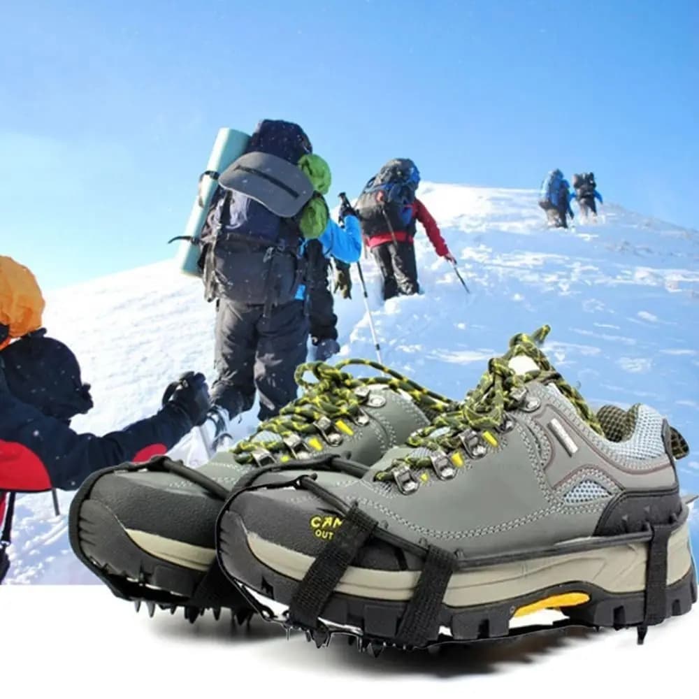 1 paio 24 denti antiscivolo impugnature per il ghiaccio Gripper scarpe Boot escursionismo arrampicata su ghiaccio punte per scarpe ramponi per catena da arrampicata copriscarpe