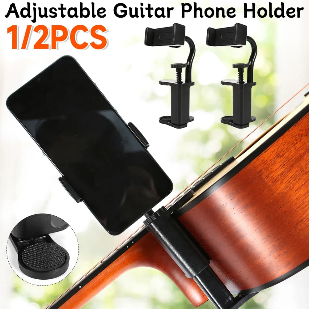 1/2PC antiscivolo supporto per telefono per chitarra supporto per smartphone morsetto per fotocamera supporto per chitarra regolabile e girevole per chitarre/ukulele universale