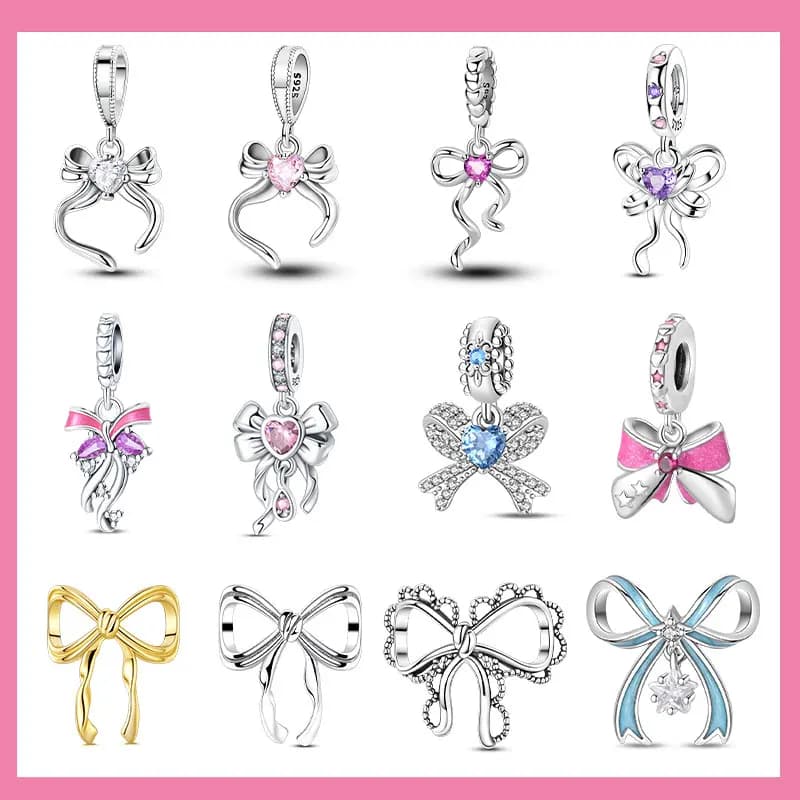 Ciondoli con fiocco in argento Argento sterling 925 Pendenti con fiocco a forma di cuore rosa Perline con ciondoli adatti ai braccialetti originali S925 Gioielli fai da te