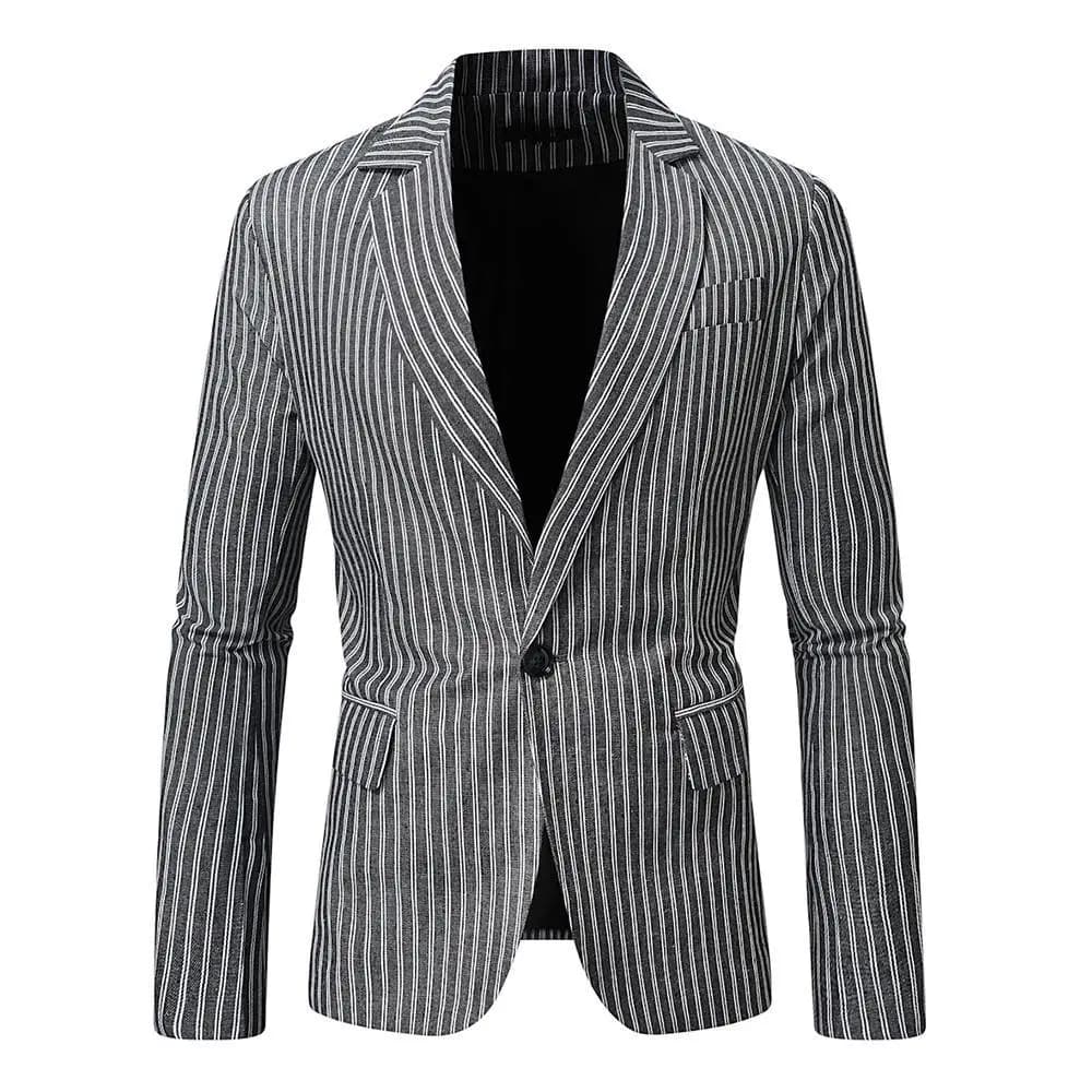 Gray Stripe Single Button Slim Fit Men's Suit Jacket Bar Singer DJ Host Nightclub Dress Coat Spring Season Casual Style