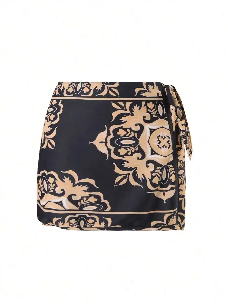 Costume da bagno intero nero beige con stampa floreale, stile avvolgente, per donne taglie forti, outfit estivo per vacanze al mare