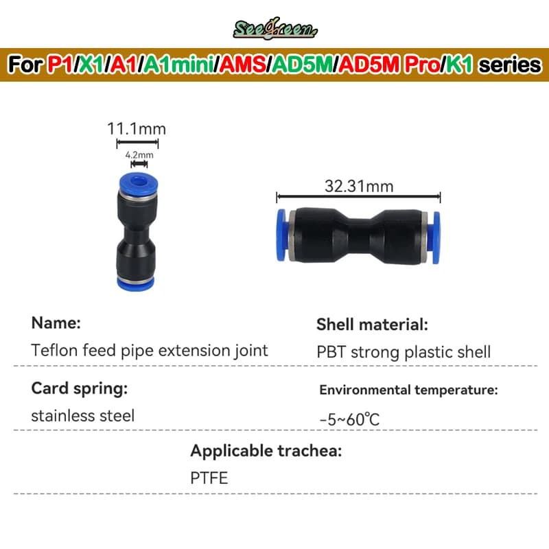1/2/3pcs Stampante 3D PTFE Raccordo Pneumatico Tubo Connettore 1.75mm Filamento Estrusore Connettore Rapido per Bambu Lab X1 X1C P1P P1S