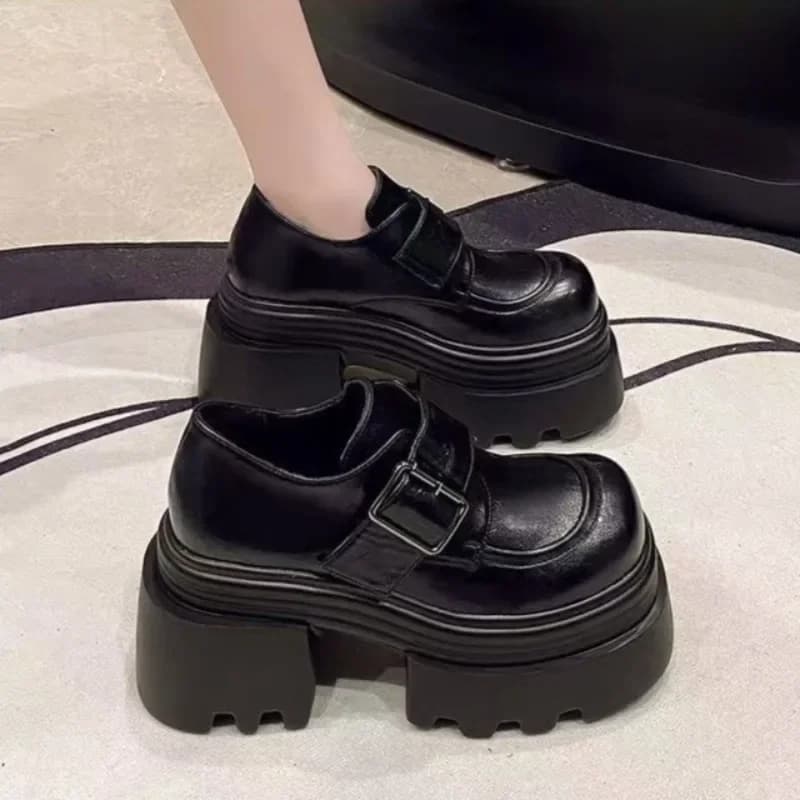 2025 Spring New 10cm Height Grown Women's Shoes Style British Sole thick Moccasins heel High Versatile Slim scarf Single
