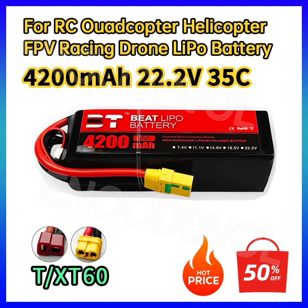 Batteria LiPo 4200mAh 6S 22.2V 35C T/XT60 per RC Quadcopter Elicottero FPV Racing Drone Pezzi di ricambio 6s Batteria ricaricabile CE