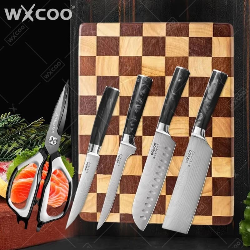 WXCOO Set Professionale di Coltelli da Cucina in Acciaio Damascato con Tagliere in Legno di Acacia, Coltello da Macellaio Giapponese, Mannaia per Carne, Santoku