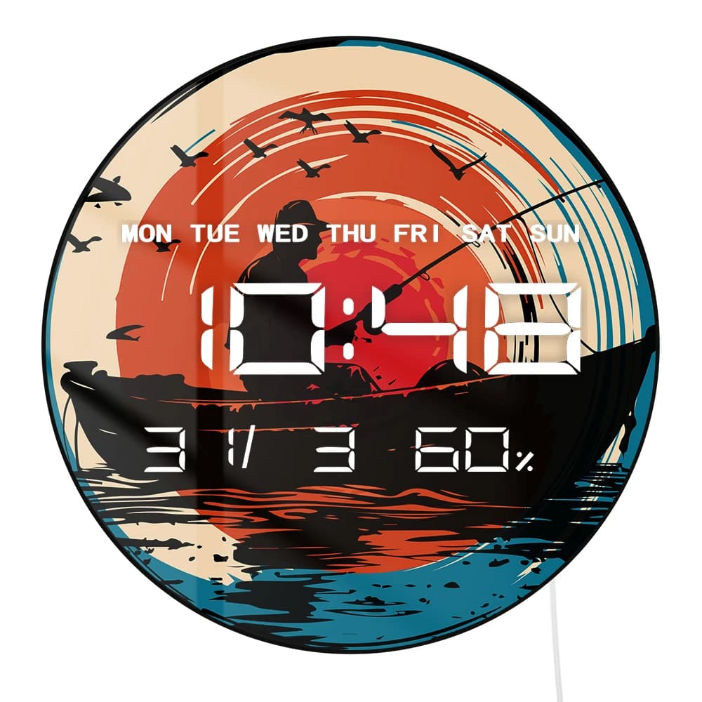 Mountain Lake Fishing on Boat Digital double purpose LED clock for desk Modern multifunction electronic wall clock