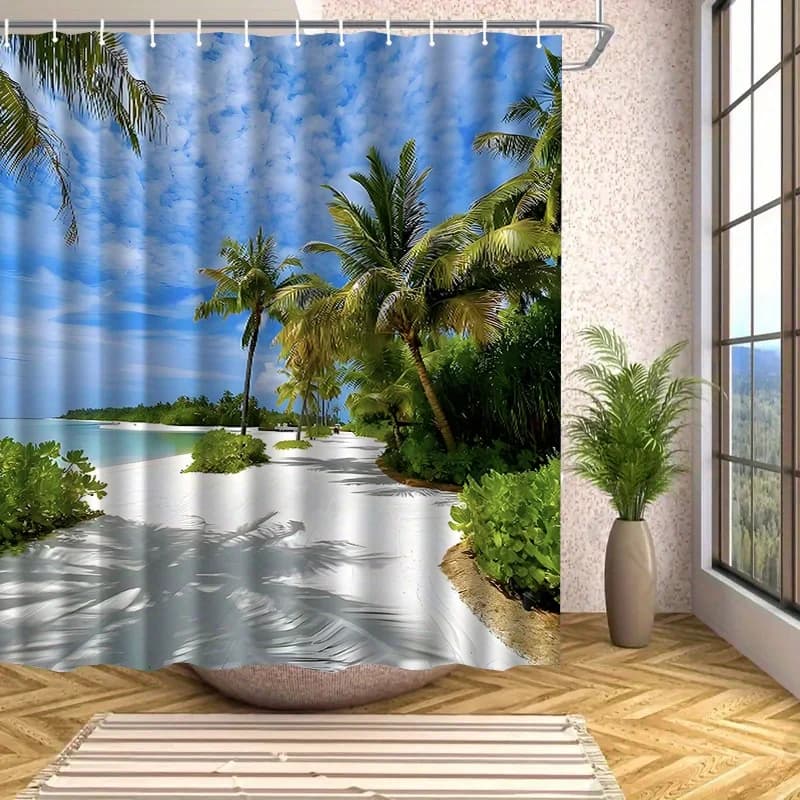 JIT1pcs Large Beach Pattern Shower Curtain, High-end Elegant Bathroom Curtain, Multi-functional Curtain, Bathroom Decoration Pat