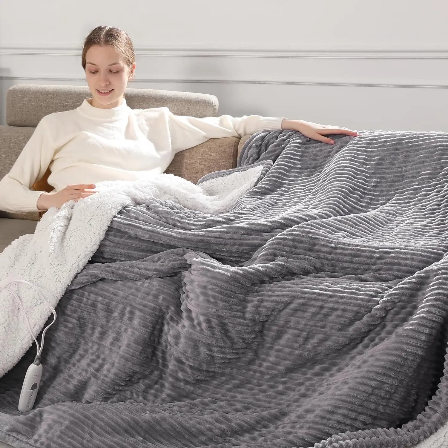 Coperta da tiro riscaldata elettrica 50x60, 5 impostazioni di calore, spegnimento automatico, lavabile in lavatrice, grigio chiaro