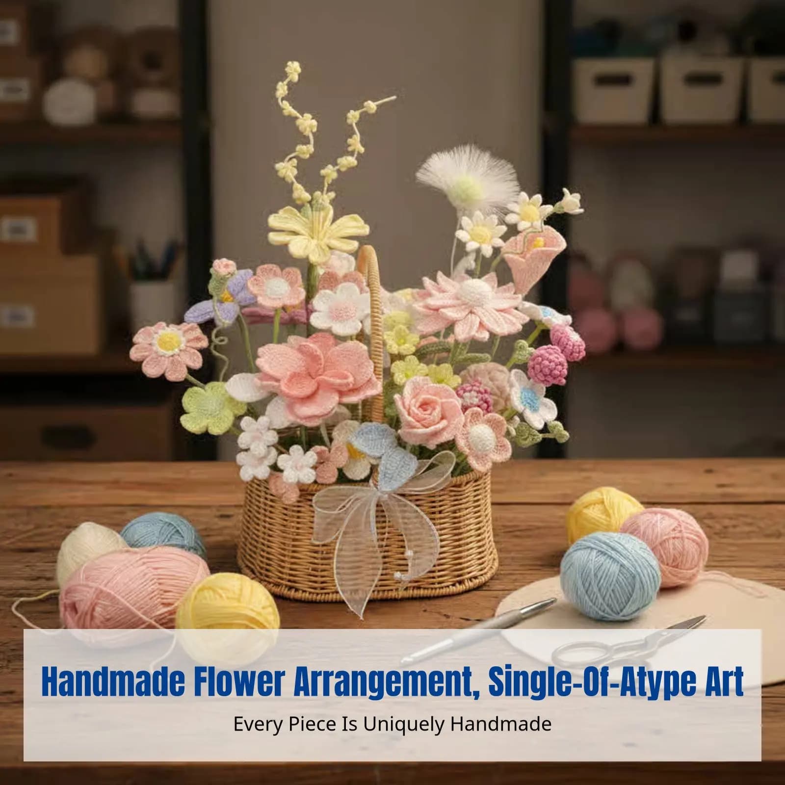 Kit Fai-da-Te per Cesto di Fiori, Composizione Floreale in Filato Fatto a Mano, Fiori Artificiali, Regalo Creativo per Donne