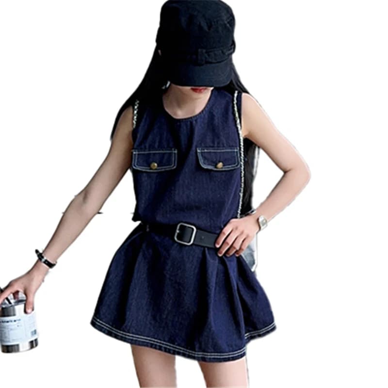 Elegant fashionable denim dress for kids Gonna jeans dark blue vintage with belt fashionable streetwear for kids 5-14 years