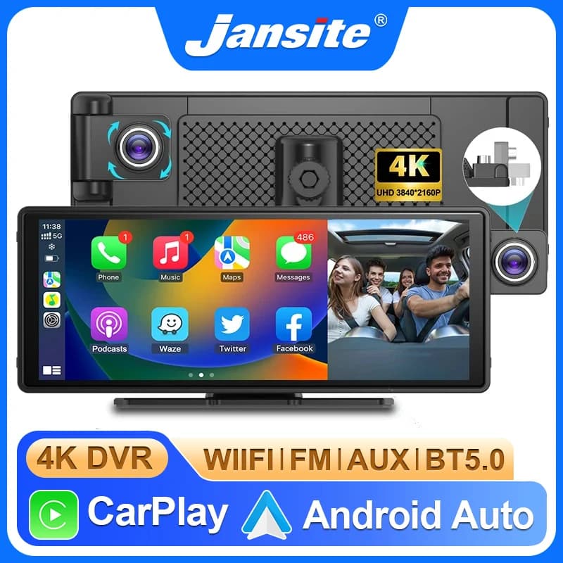 Dash Cam da 10,26 pollici con Telecamera Posteriore, Carplay e Android Auto, DVR 4K, Lente Rotante a 180°, Registratore Video per Cruscotto, Doppia Lente, FM, AUX