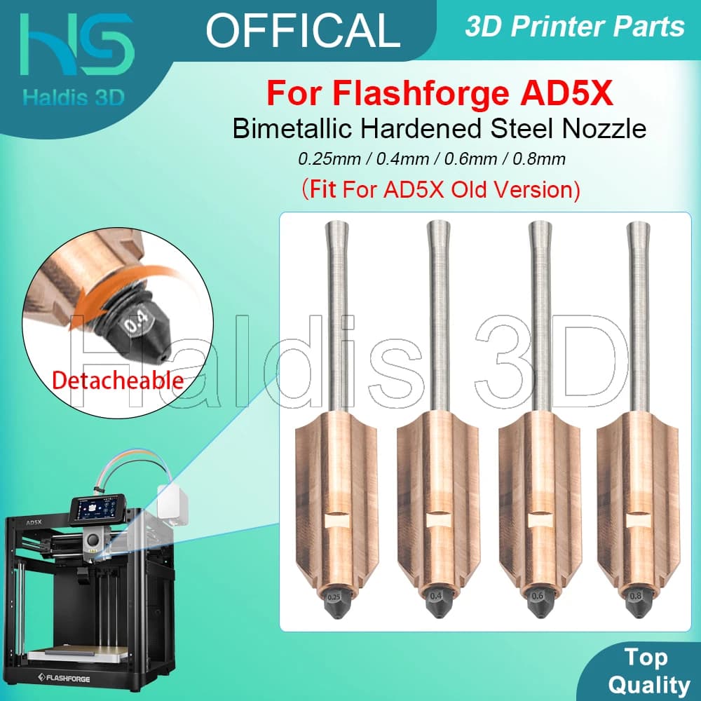 Ugello bimetallico per Flashforge AD5X Nuovo acciaio temprato aggiornato 0,25 mm 0,4 mm 0,6 mm 0,8 mm Ugelli staccabili Parti della stampante 3D