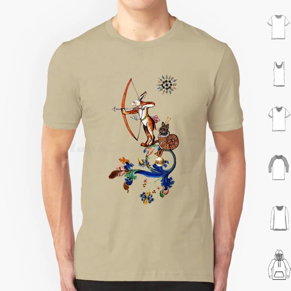 Maglietta divertente in cotone 6XL con coniglio, lumaca e gatto dal bestiario medievale, con frecce e animali della foresta - Stile medievale e divertente