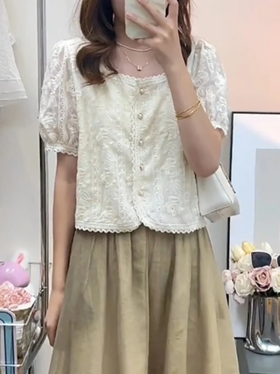 plus Size Women's Embroidered Square Collar Short Sleeve Shirt Slimming Meat Covering Summer New Style Korean Loose Fit Blouse