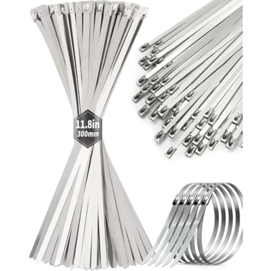 50Pcs Metal Zip Ties, Heavy Duty Stainless Steel Cable Ties, 11.8 inch 304 Stainless Steel, Self-Locking, Holds 198 Ibs, Hear R