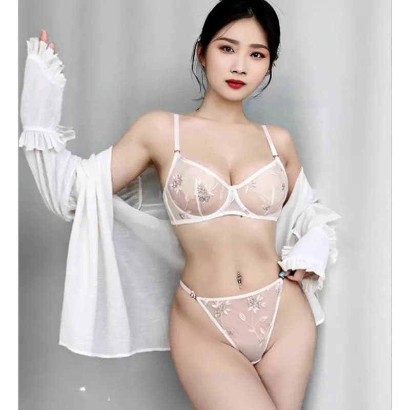 Set di Lingerie Sexy Trasparente per Donne, Reggiseno in Rete Ultra Sottile con Ricami e Perizoma, Intimo Confortevole e Modellante Taglie S-XL