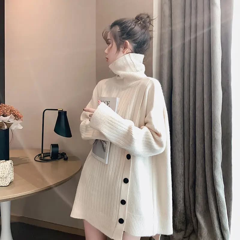 Autunno Inverno New Fashion Collo alto Stile di media lunghezza Manica lunga Abbigliamento donna Maglioni Coreano Allentato All-match Top in maglia