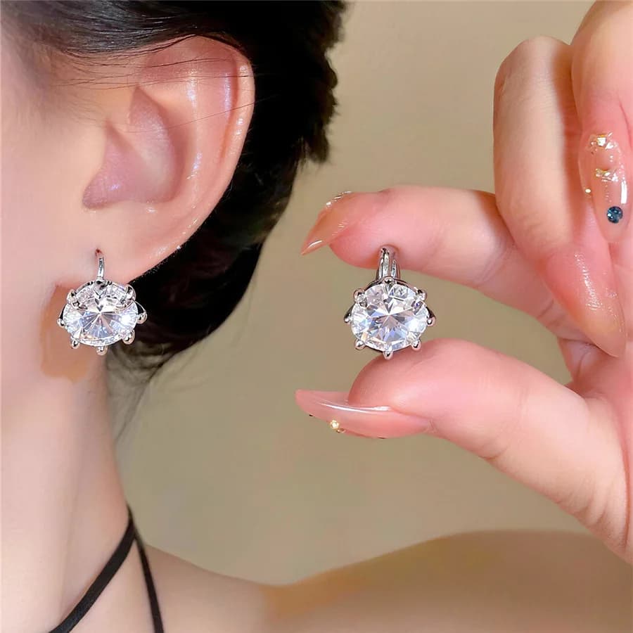 Large Round Cubic Zirconia Clip On Hoop Earrings Women Six‑Prong Setting Silver Plated Minimalist Luxury Daily Party Ear Jewelry