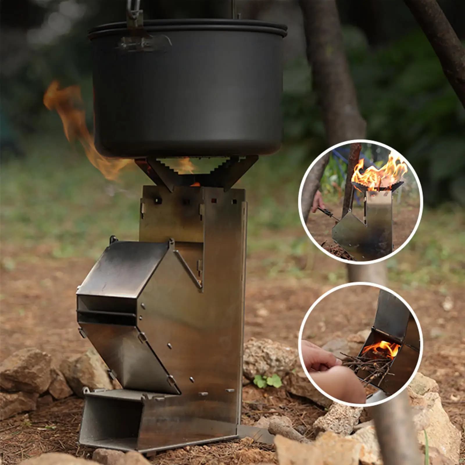 Portable Rocket Stove Stainless Steel Outdoor Heater Collapsible Campfire Grill Wood Burning Cooker for Camping Kitchen