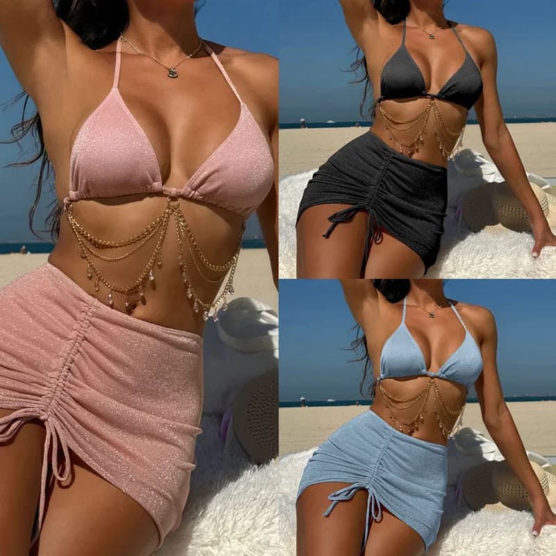 New sexy drawstring strap glitter fabric rhinestone chain three-piece swimsuit bikinibikini