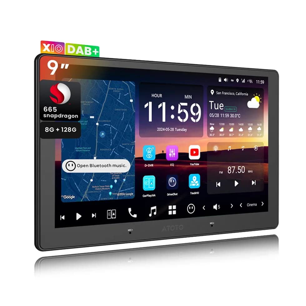 Autoradio Android DAB da 9 pollici 2 Din, Assistente Vocale AI, Monitoraggio Telecamera Remota LiveView, Protezione Parcheggio, Schermo Stereo Bluetooth 4G LTE CarPlay 2Din X10 Atotozone