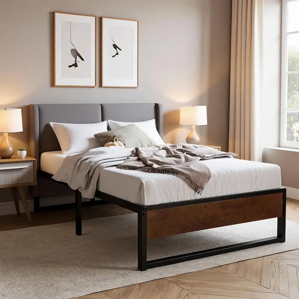 Double bed in metal with platform, rustic style, inverted holes, large storage space under the bed, mattress base, does not need spring net
