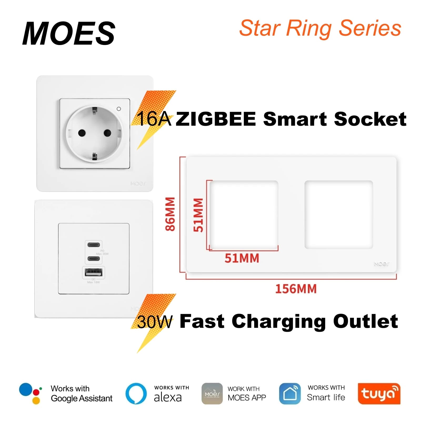 TUYA STAR RING ZigBee Smart EU Socket 30W Fast Charging PD3.0 Wall Electrical Outlet Charger GaN Socket 3 Ports Type-C USB A