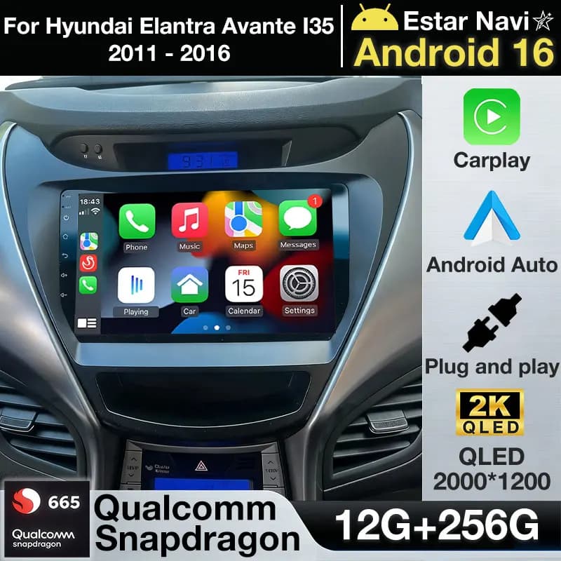 Android 16 Wireless Carplay per Hyundai Elantra Avante I35 2011 2012 2013 2014 2015 2016 Autoradio GPS Navigazione Multimedia BT