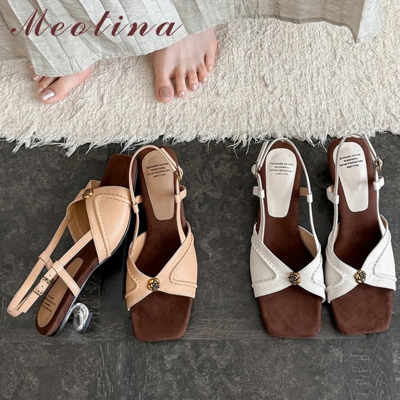 Meotina Women Genuine Leather Sandals Square Toe Strange Style Mid Heels Buckle Sheepskin Ladies Fashion Shoes Summer Apricot