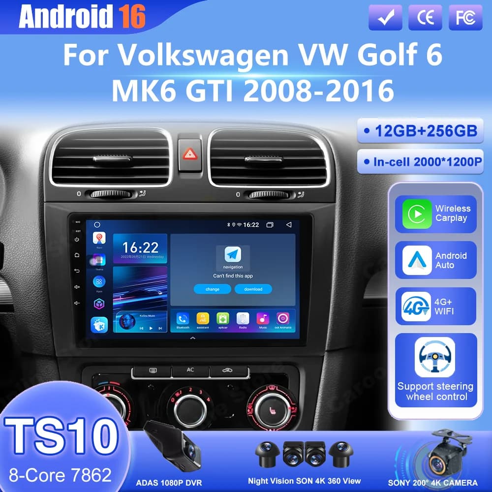 Android 16 Autoradio Stereo Per Volkswagen VW Golf 6 MK6 GTI 2008-2016 Auto Wireless Carplay Lettore Video Multimediale Per Auto 4G + Wifi