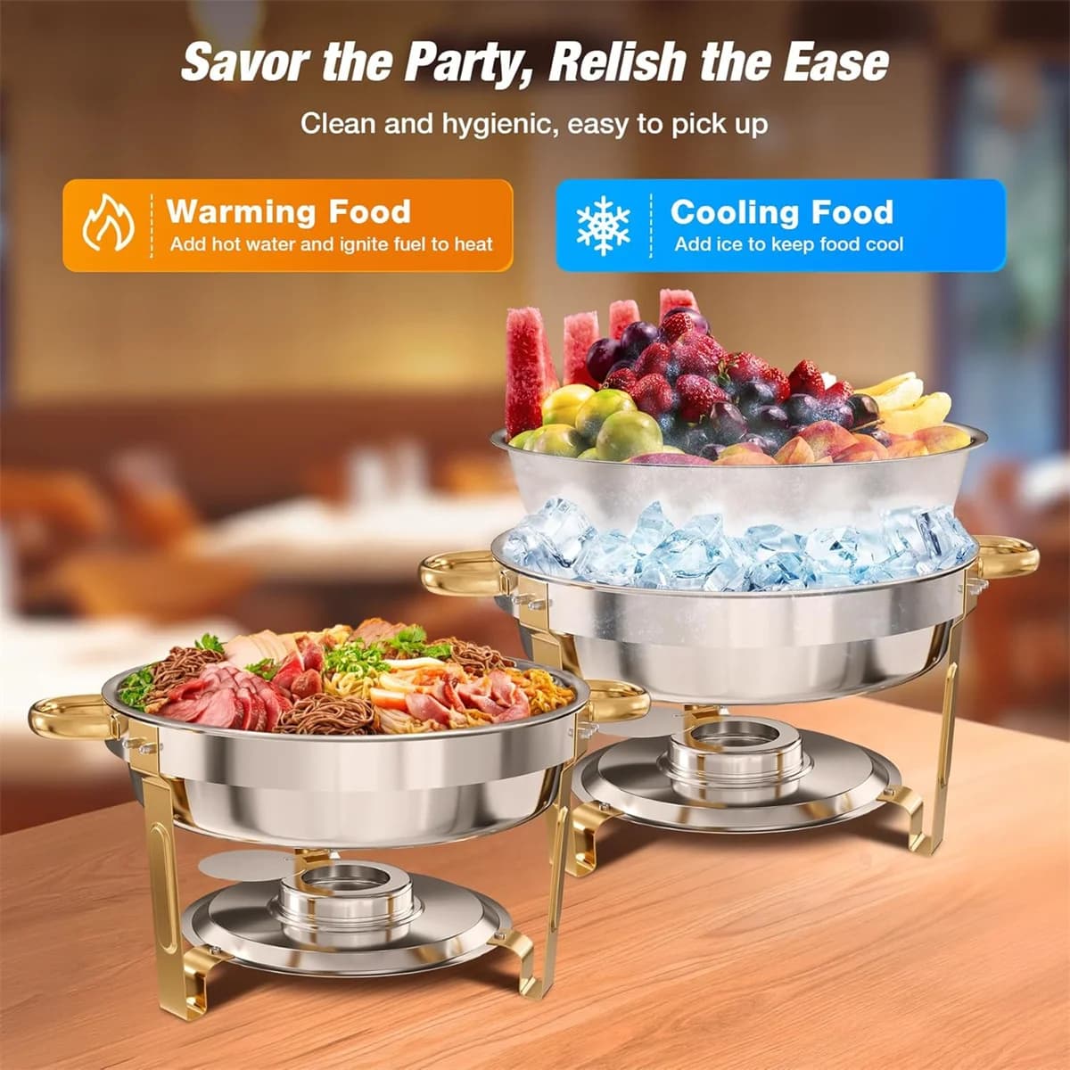 2/4 Pack 5Qt Gold Round Dish Food Warmer Container with Stainless Steel Lid Holder Fuel Can Hotel Buffet Warmer Gas Fuel Pan