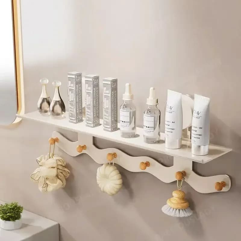 No Drill Wooden Hooks Bathroom Shelf Wall Mounted Storage Rack With Suction Cup,